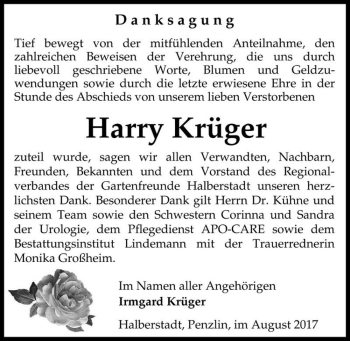 Traueranzeige von Harry Krüger  von Magdeburger Volksstimme