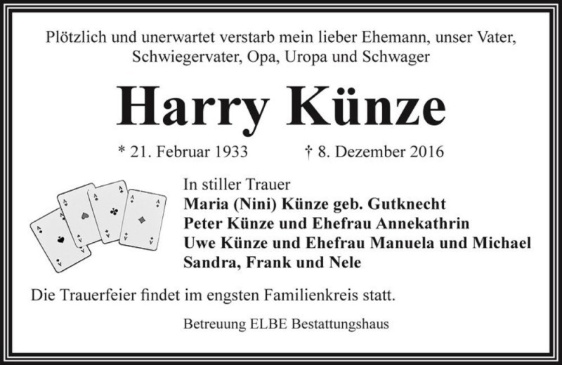  Traueranzeige für Harry Künze  vom 17.12.2016 aus Magdeburger Volksstimme