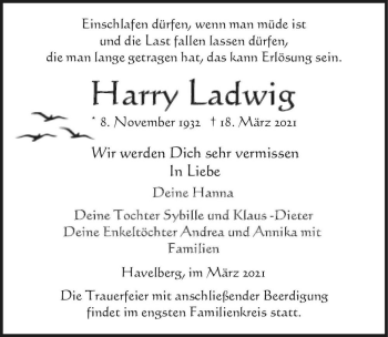 Traueranzeige von Harry Ladwig  von Magdeburger Volksstimme