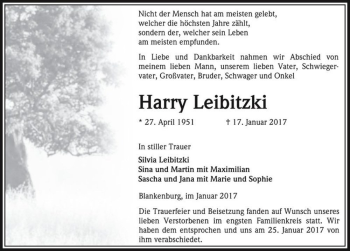 Traueranzeige von Harry Leibitzki  von Magdeburger Volksstimme