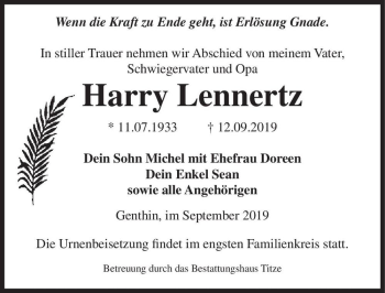 Traueranzeige von Harry Lennertz  von Magdeburger Volksstimme