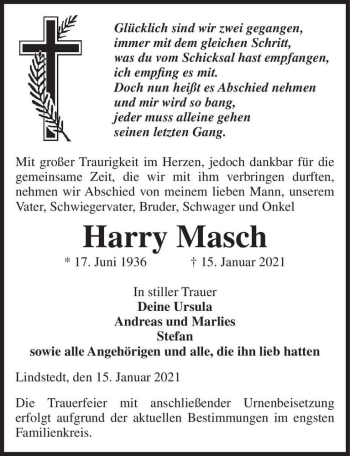 Traueranzeige von Harry Masch  von Magdeburger Volksstimme