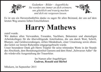 Traueranzeige von Harry Mathews  von Magdeburger Volksstimme