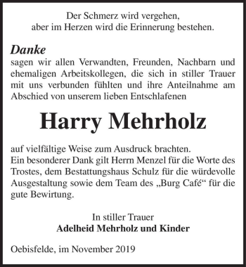 Traueranzeige von Harry Mehrholz  von Magdeburger Volksstimme