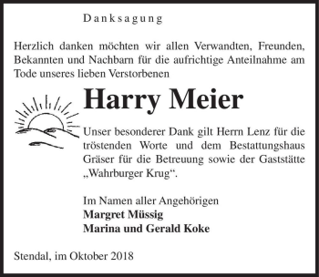 Traueranzeige von Harry Meier  von Magdeburger Volksstimme