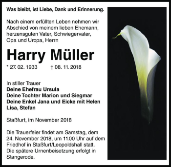 Traueranzeige von Harry Müller  von Magdeburger Volksstimme