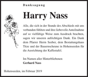 Traueranzeige von Harry Nass  von Magdeburger Volksstimme