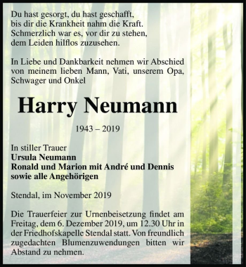 Traueranzeige von Harry Neumann  von Magdeburger Volksstimme