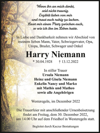 Traueranzeige von Harry Niemann  von Magdeburger Volksstimme