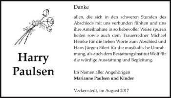 Traueranzeige von Harry Paulsen  von Magdeburger Volksstimme