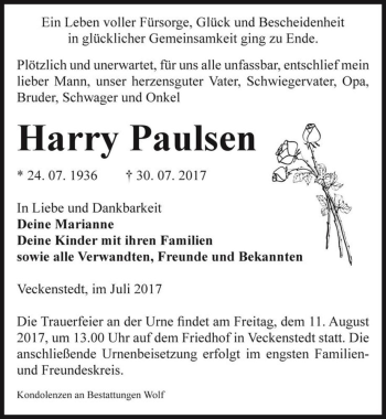 Traueranzeige von Harry Paulsen  von Magdeburger Volksstimme