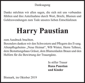 Traueranzeige von Harry Paustian  von Magdeburger Volksstimme