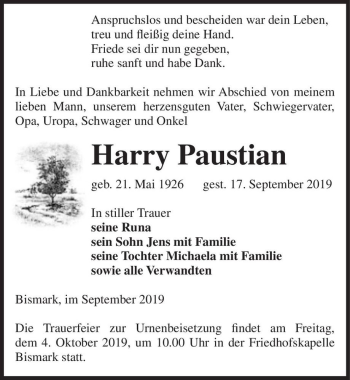 Traueranzeige von Harry Paustian  von Magdeburger Volksstimme