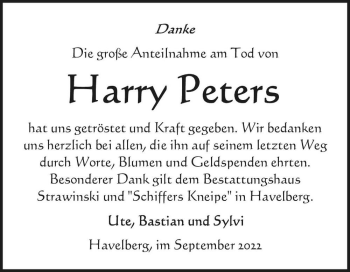 Traueranzeige von Harry Peters  von Magdeburger Volksstimme