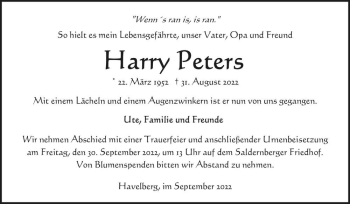 Traueranzeige von Harry Peters  von Magdeburger Volksstimme