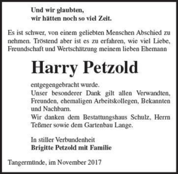Traueranzeige von Harry Petzold  von Magdeburger Volksstimme