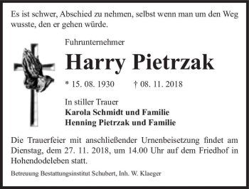 Traueranzeige von Harry Pietrzak  von Magdeburger Volksstimme