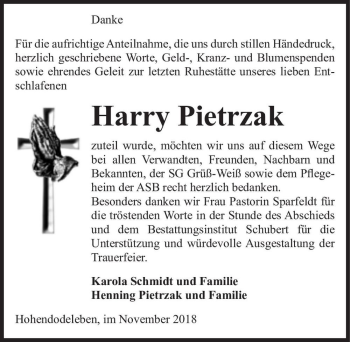 Traueranzeige von Harry Pietrzak  von Magdeburger Volksstimme