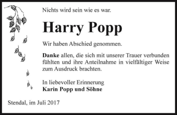 Traueranzeige von Harry Popp  von Magdeburger Volksstimme