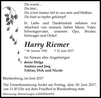 Traueranzeige von Harry Riemer  von Magdeburger Volksstimme