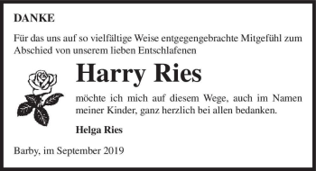 Traueranzeige von Harry Ries  von Magdeburger Volksstimme