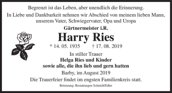 Traueranzeige von Harry Ries  von Magdeburger Volksstimme