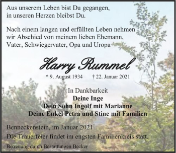 Traueranzeige von Harry Rummel  von Magdeburger Volksstimme