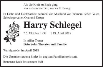 Traueranzeige von Harry Schlegel  von Magdeburger Volksstimme