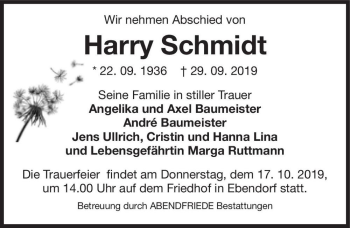 Traueranzeige von Harry Schmidt  von Magdeburger Volksstimme