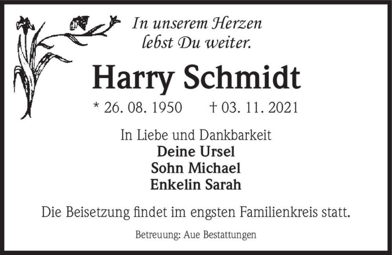  Traueranzeige für Harry Schmidt  vom 13.11.2021 aus Magdeburger Volksstimme
