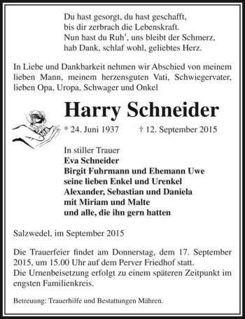 Traueranzeige von Harry Schneider  von Magdeburger Volksstimme