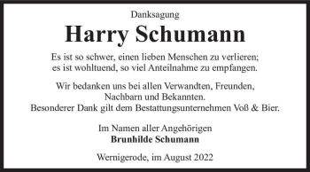Traueranzeige von Harry Schumann  von Magdeburger Volksstimme