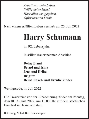 Traueranzeige von Harry Schumann  von Magdeburger Volksstimme