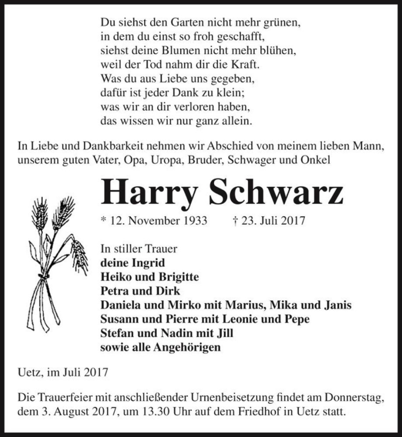 Traueranzeigen von Harry Schwarz www.abschiednehmen.de