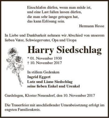 Traueranzeige von Harry Siedschlag  von Magdeburger Volksstimme