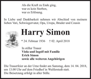 Traueranzeige von Harry Simon  von Magdeburger Volksstimme