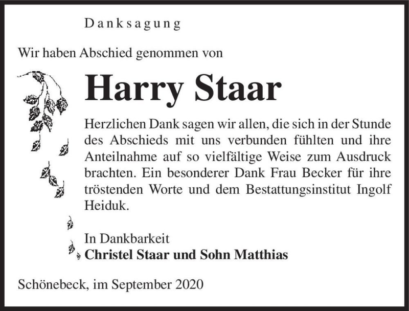  Traueranzeige für Harry Staar  vom 30.09.2020 aus Magdeburger Volksstimme