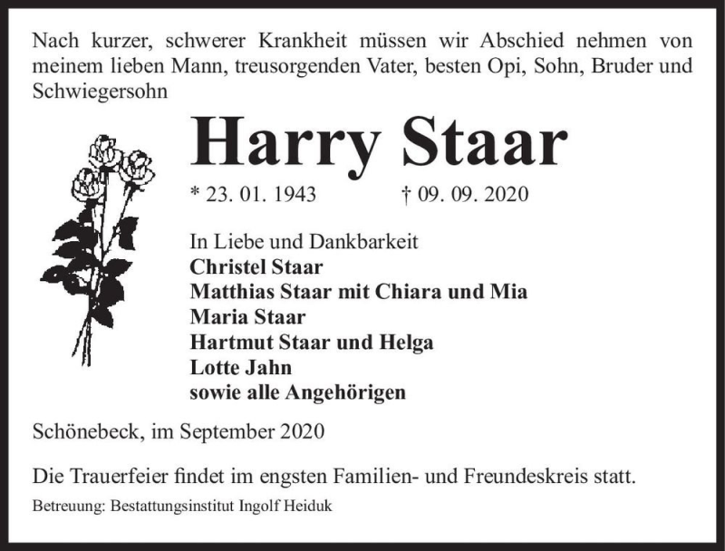  Traueranzeige für Harry Staar  vom 12.09.2020 aus Magdeburger Volksstimme