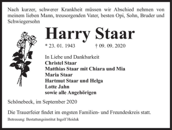 Traueranzeige von Harry Staar  von Magdeburger Volksstimme