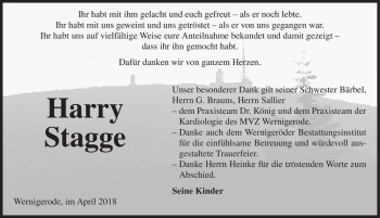 Traueranzeige von Harry Stagge  von Magdeburger Volksstimme