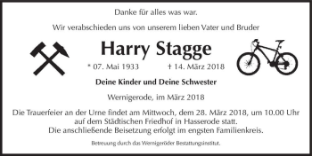 Traueranzeige von Harry Stagge  von Magdeburger Volksstimme