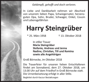 Traueranzeige von Harry Steingrüber  von Magdeburger Volksstimme