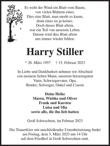 Traueranzeige von Harry Stiller  von Magdeburger Volksstimme