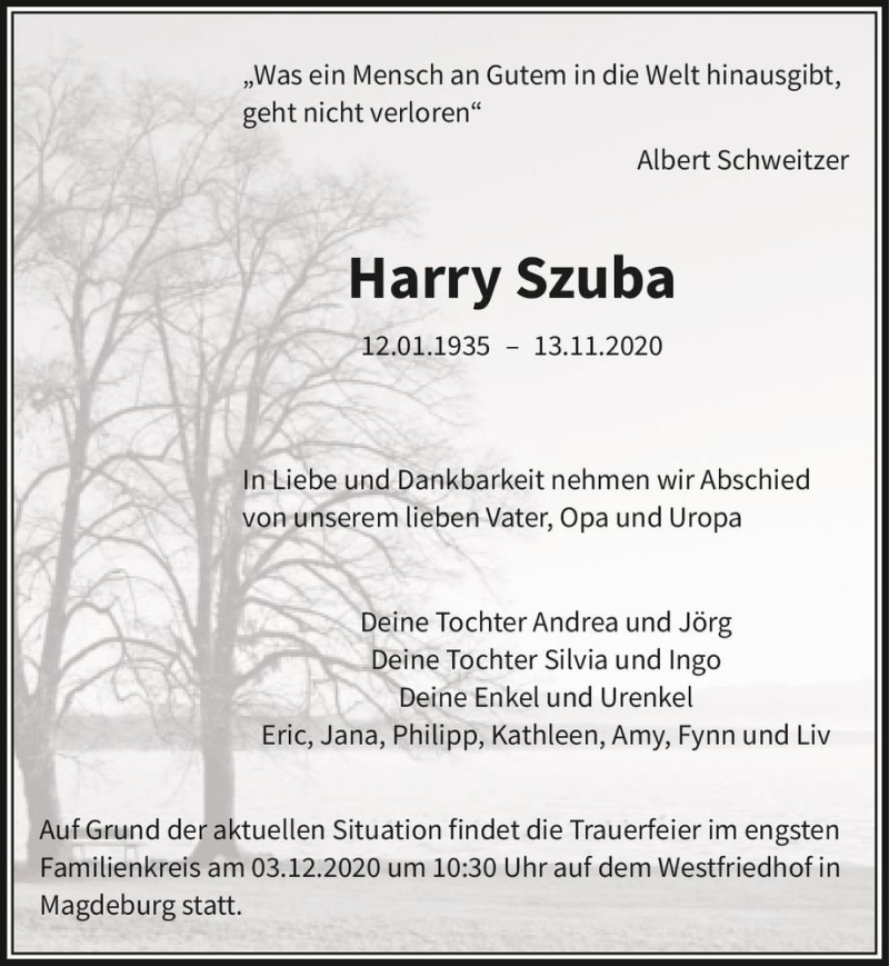  Traueranzeige für Harry Szuba  vom 28.11.2020 aus Magdeburger Volksstimme