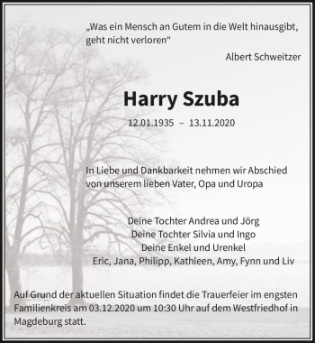 Traueranzeige von Harry Szuba  von Magdeburger Volksstimme