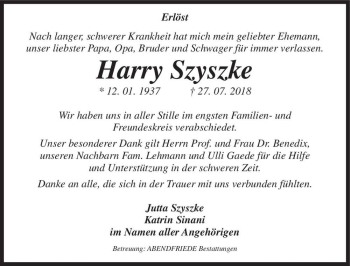 Traueranzeige von Harry Szyszke  von Magdeburger Volksstimme