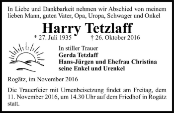 Traueranzeige von Harry Tetzlaff  von Magdeburger Volksstimme