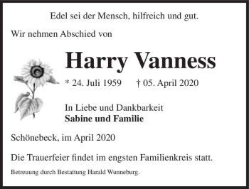 Traueranzeige von Harry Vanness  von Magdeburger Volksstimme