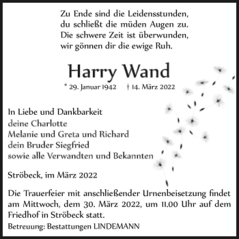 Traueranzeige von Harry Wand  von Magdeburger Volksstimme