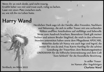 Traueranzeige von Harry Wand  von Magdeburger Volksstimme